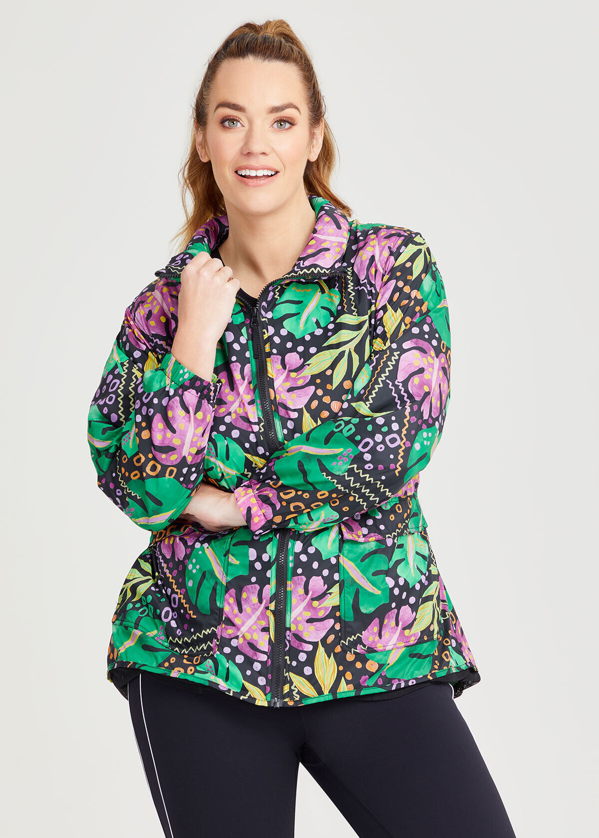 Shop Plus Size Active Tropical Rain Jacket in Multi Taking Shape AU