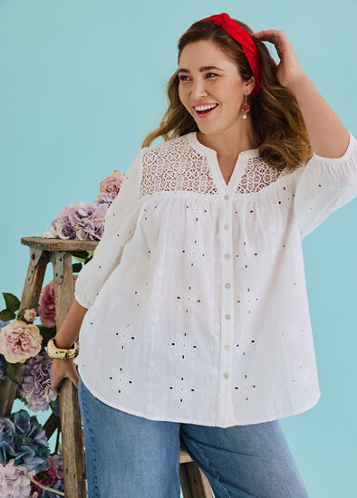 Plus Size Cotton Mix Broderie Top
