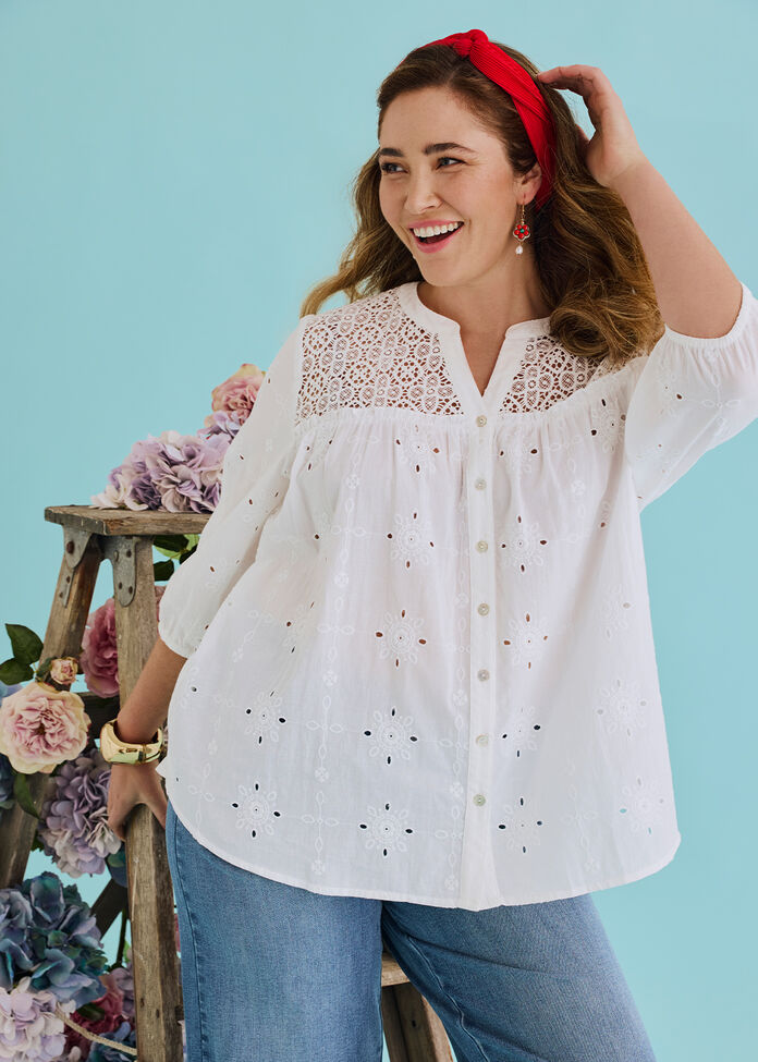 Cotton Mix Broderie Top, , hi-res