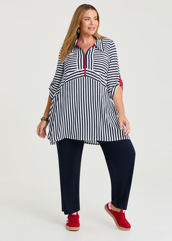 Zip Collar Stripe Natural Tunic, , hi-res