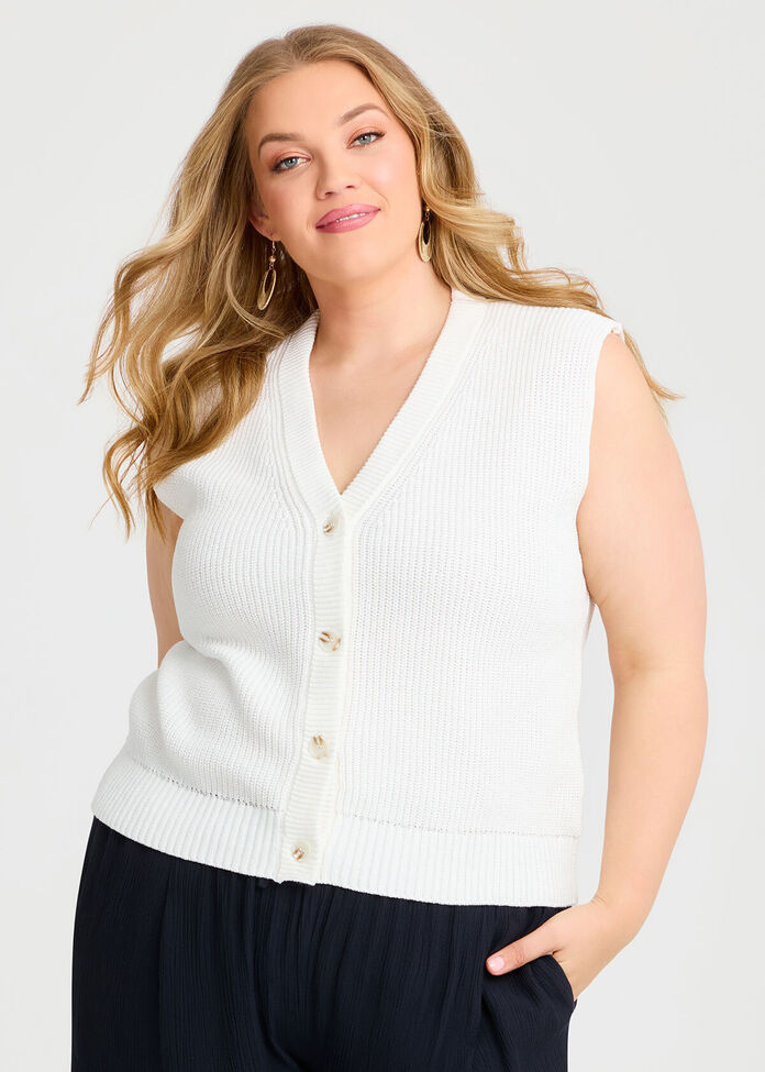 Shop Plus Size Cotton Button Up Knit Vest in White Taking Shape IE
