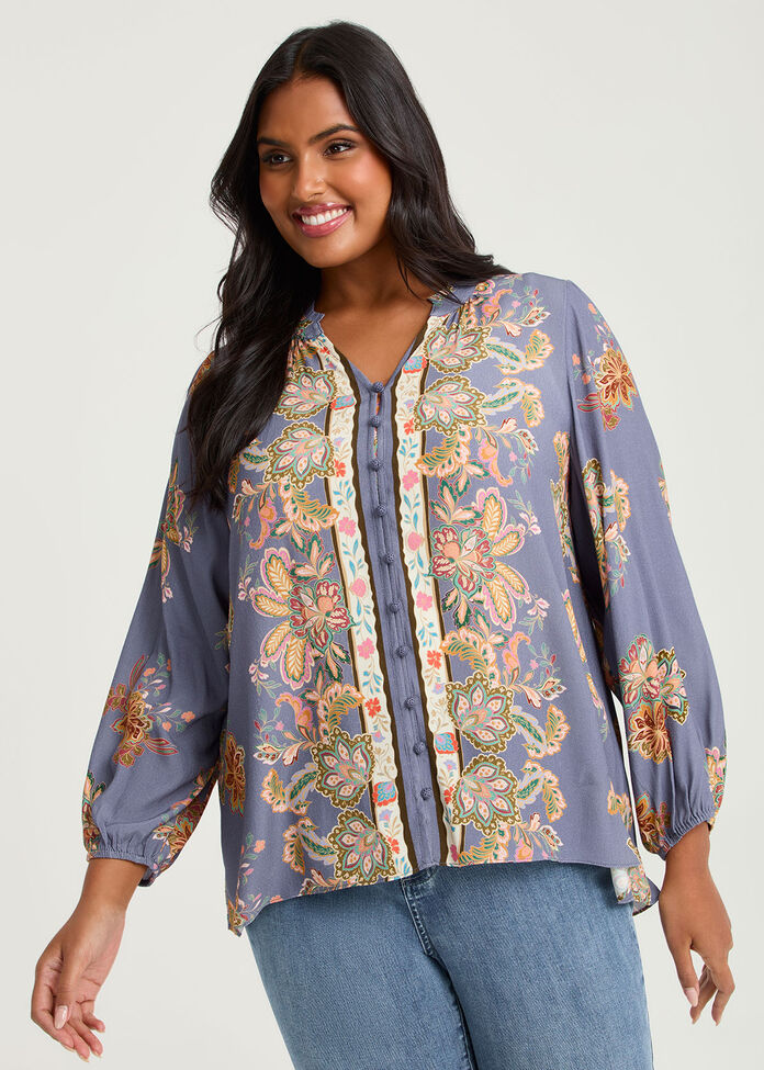 Natural Jacobean Scarf Print Top, , hi-res