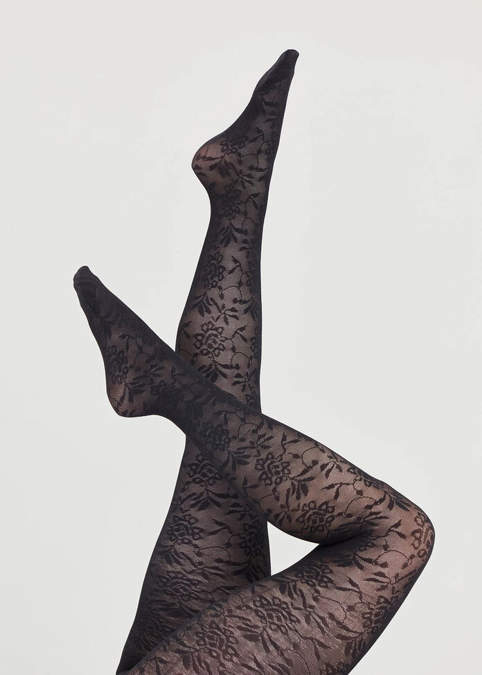 Black Floral Lace Tights, , hi-res
