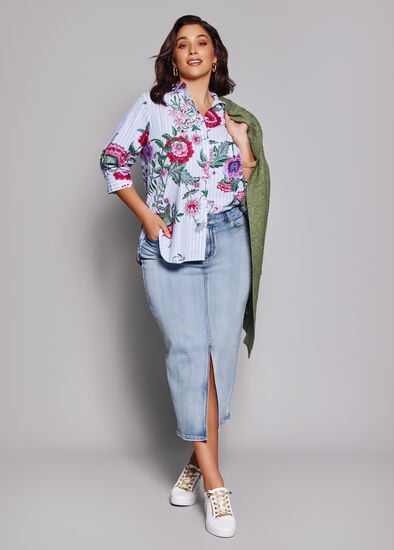 Plus Size Cotton Stripe Floral Shirt