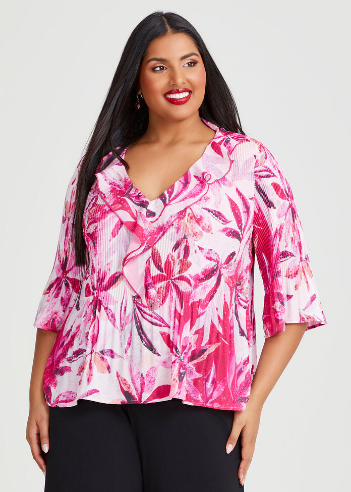 Plisse Ruffle Neck Top Pink Floral Sizes 10-30 Taking Shape AU
