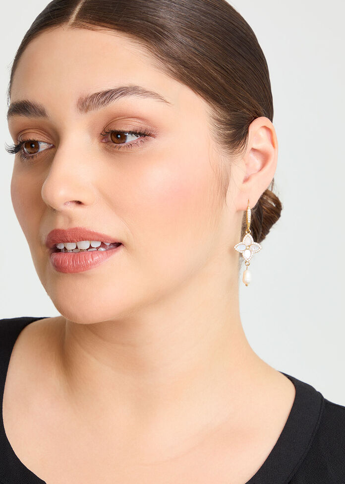 Gold Clover Pearl Earrings, , hi-res