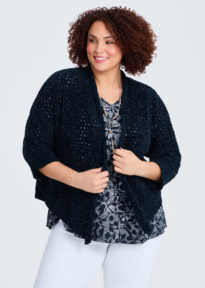 Chenille Pointelle Knit Cardigan, , hi-res