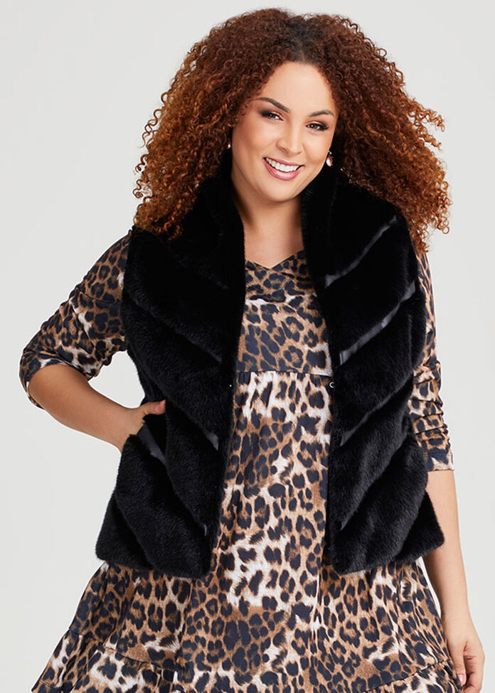 Chevron Faux Fur Mock Neck Vest
