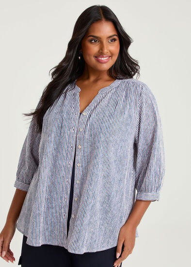 Plus Size Cotton Stripe Button Top