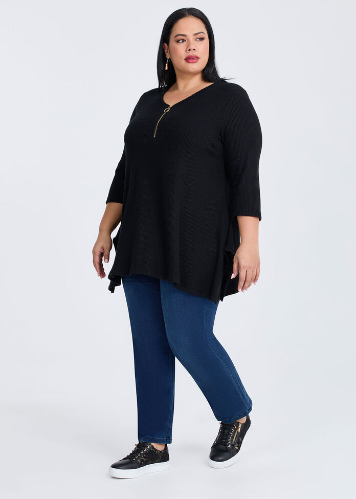 Ribbed Zip Neck Top, , hi-res