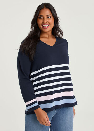 Plus Size Cotton Pastel Stripe V-neck Top