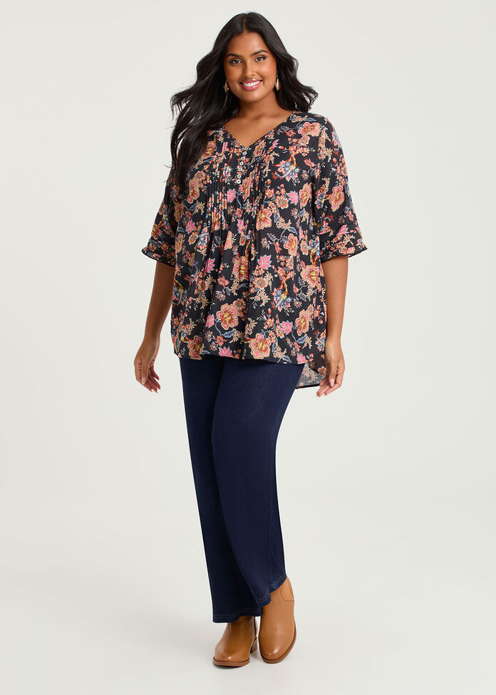 Cotton Winter Floral Pintuck Top, , hi-res