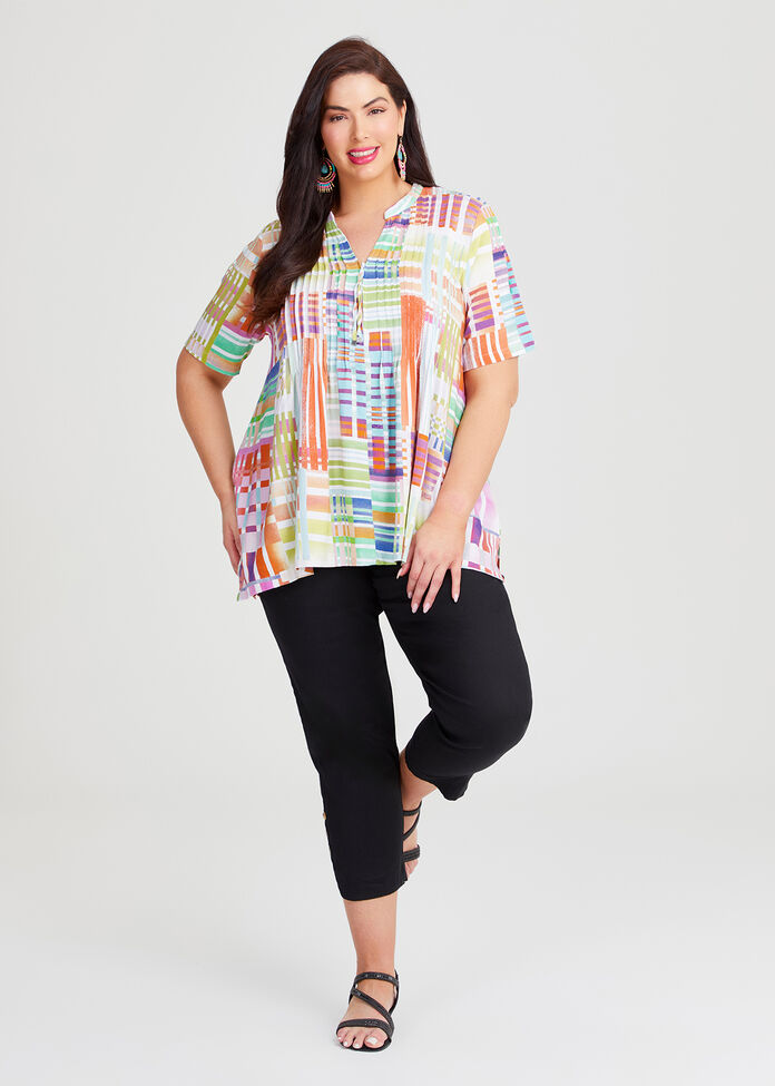 Zip Neck Pintuck Natural Top, , hi-res
