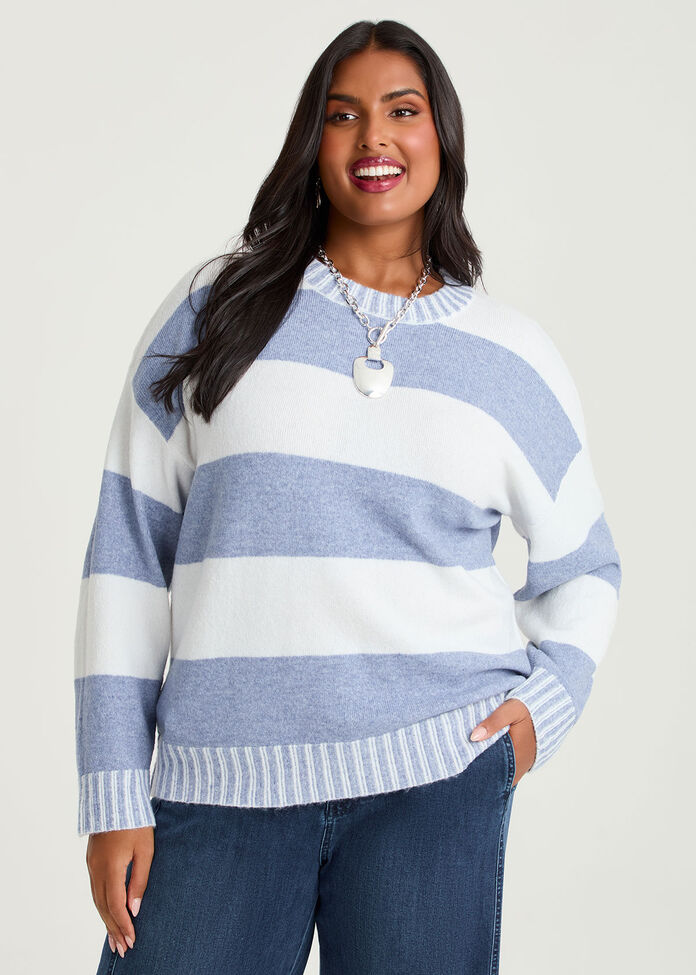 Block Stripe Crew Neck Jumper, BLUE/WHITE, hi-res