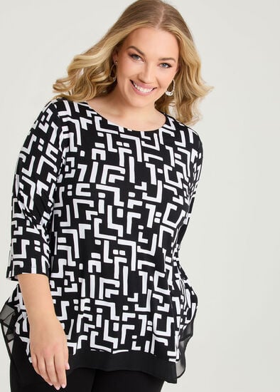 Plus Size Bamboo Chiffon Hem Geo Top