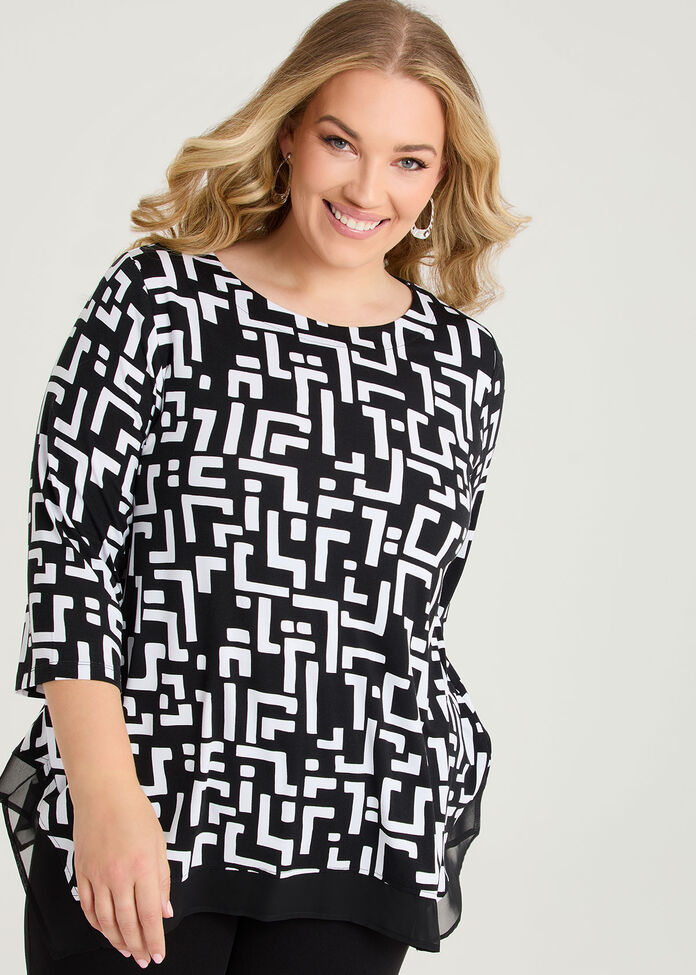 Bamboo Chiffon Hem Geo Top, , hi-res