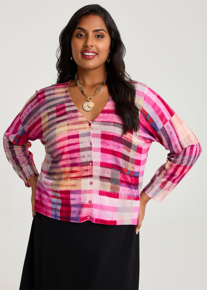 Vivid Check Print Natural Cardigan, , hi-res
