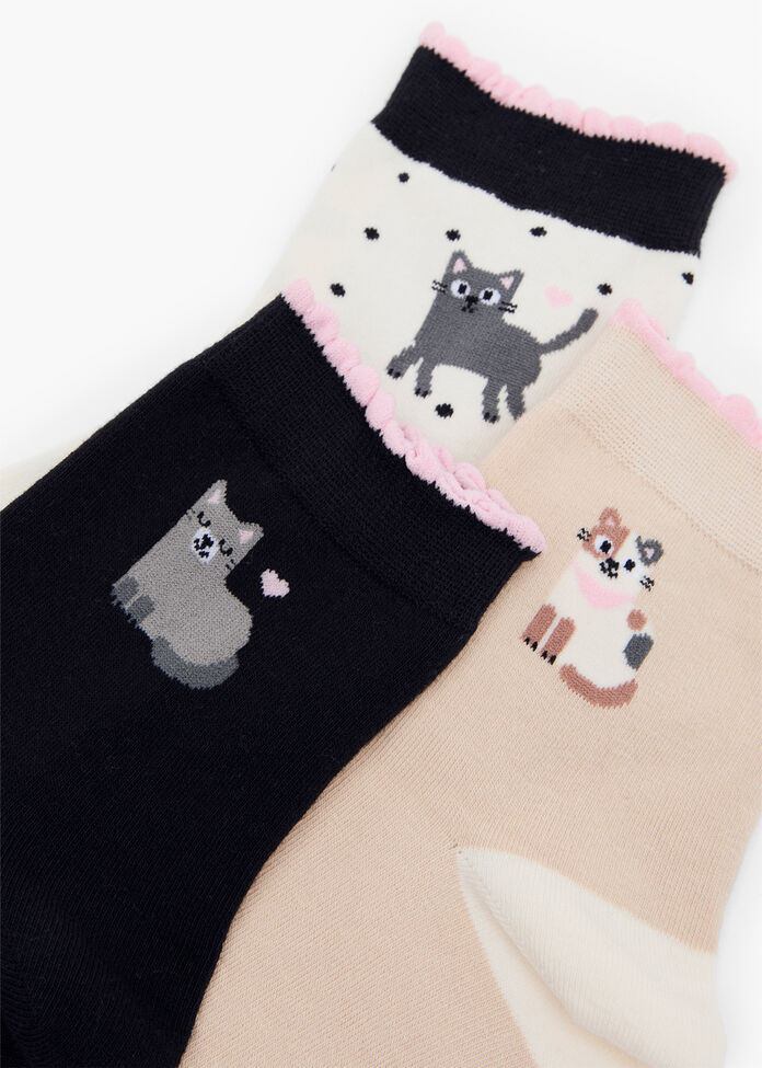 3 Pack Cotton Cat Socks, , hi-res