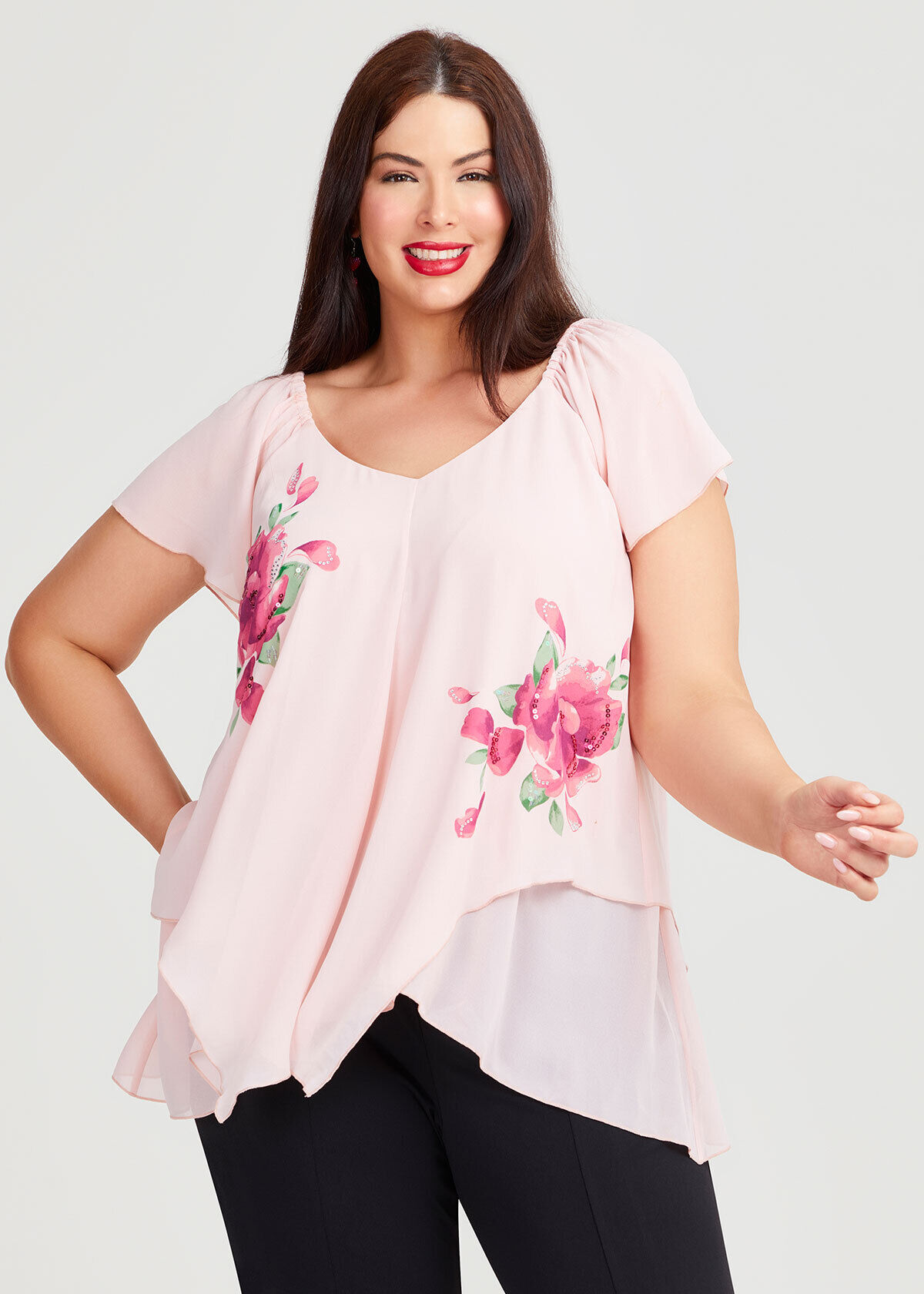 Shop Plus Size Amelie Sparkle Flower Chiffon Top in Red Taking Shape AU