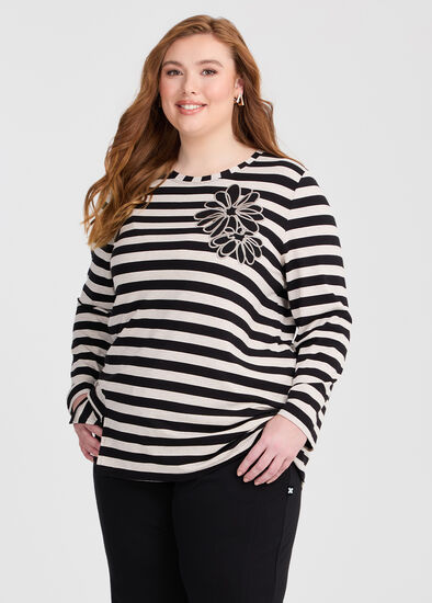 Plus Size Natural Stripe Flower Top