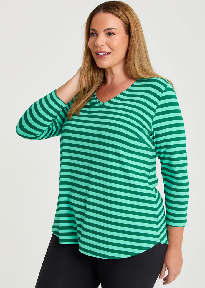 Natural Stripe 3/4 Sleeve T-shirt, , hi-res