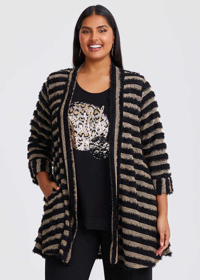 Stripe Fluffy Cardigan, , hi-res