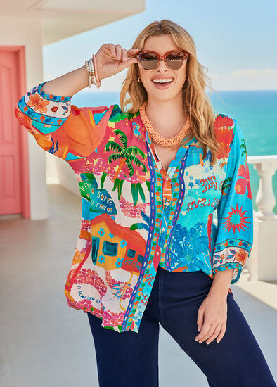 Plus Size Natural Tropicana Button Top