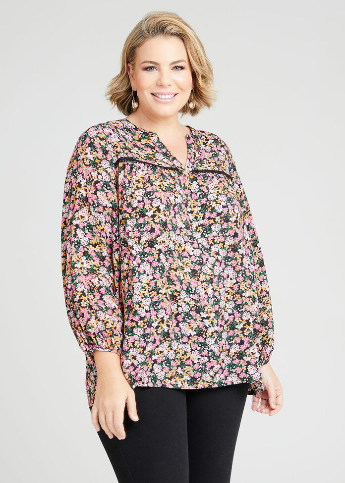 Natural Boho Sleeve Floral Top, , hi-res