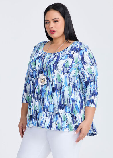 Plus Size Printed Pintuck 3/4 Sleeve Top
