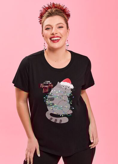 Plus Size Cotton Cat Xmas T-shirt