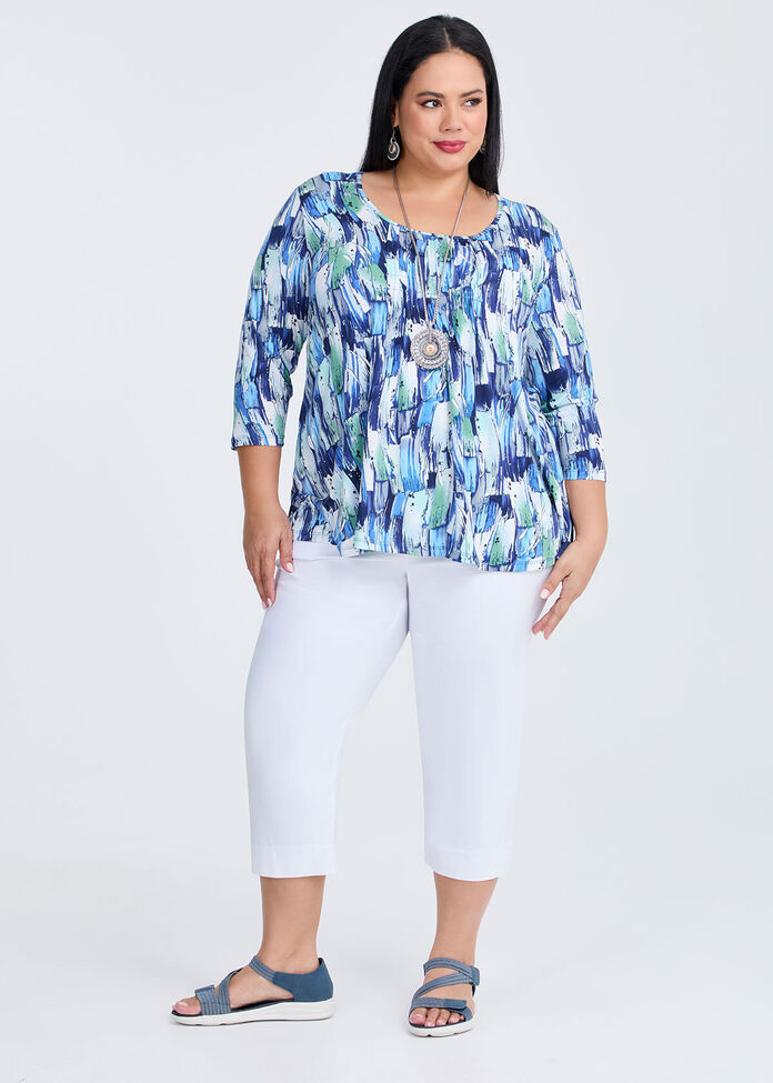 Printed Pintuck 3/4 Sleeve Top, , hi-res