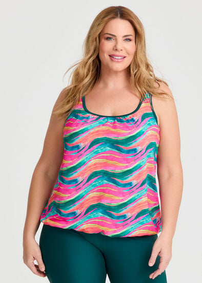 Plus Size Waves Print Blouson Tankini