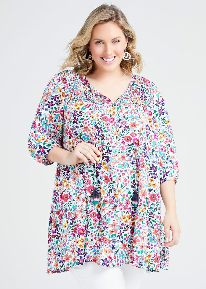 Natural Floral Tiered Tunic, , hi-res