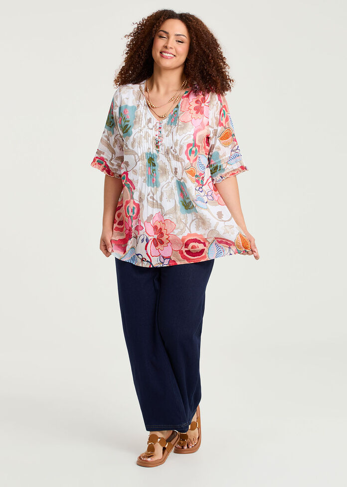 Cotton Elbow Sleeve Pintuck Top, , hi-res