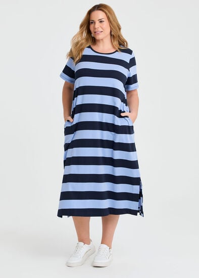 Plus Size Cotton Block Stripe Midi Dress