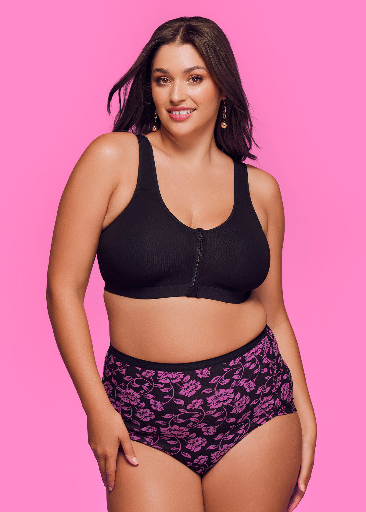 Shop Plus Size Cotton Front Opening Zip Bra in Black Sizes 12 30