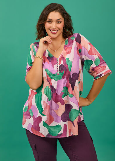 Plus Size Cotton Mosaic Abstract Pintuck Top