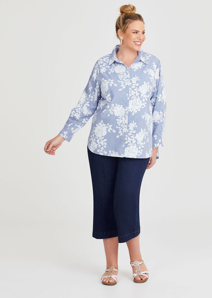Cotton Stripe Floral Shirt, , hi-res
