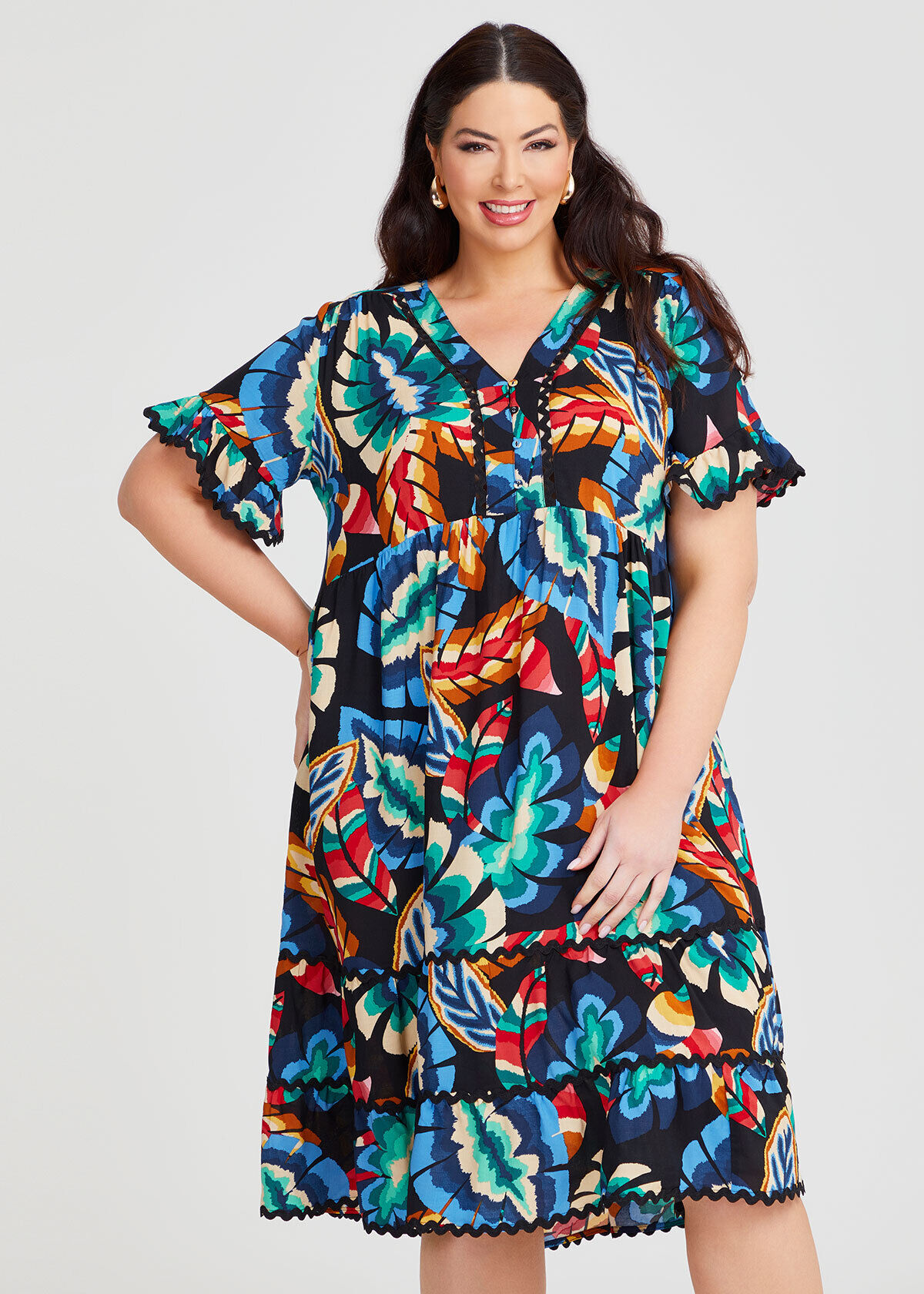 Shop Plus Size Natural Getaway Floaty Dress in Multi Taking Shape NZ