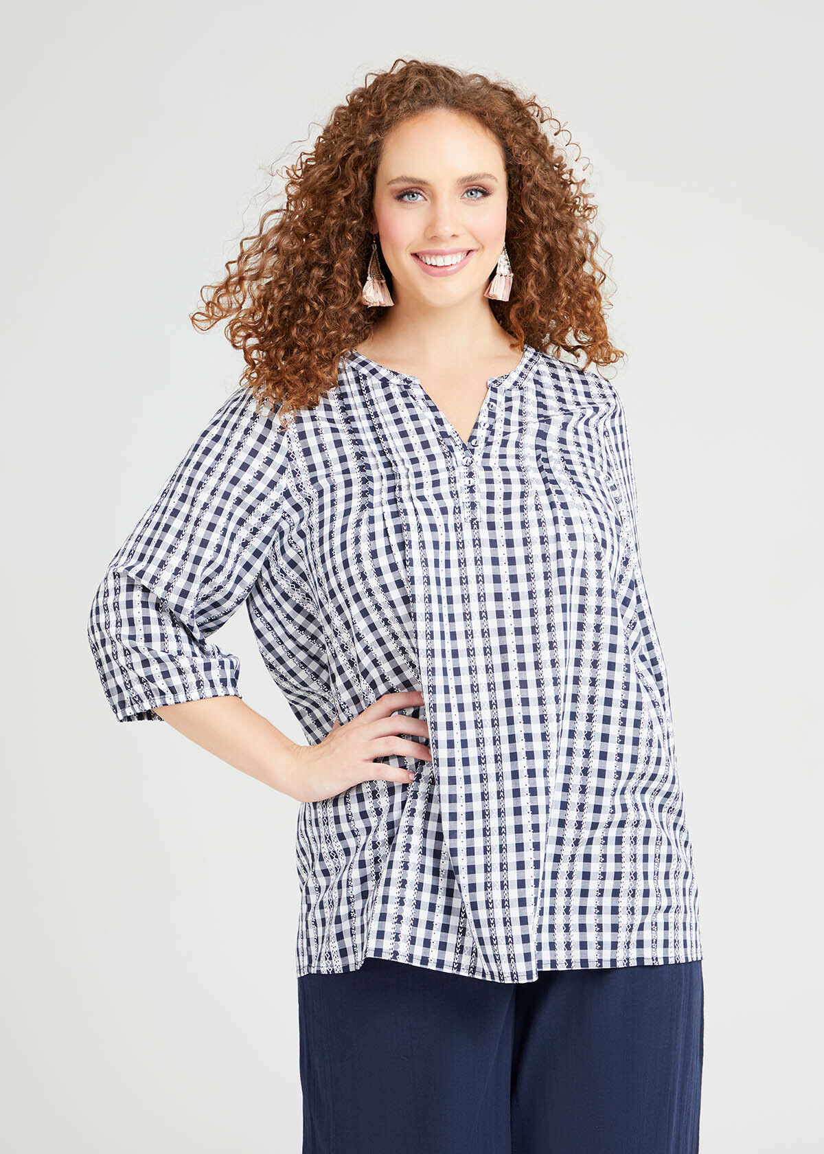 Cotton Gingham Pintuck Top in Blue in 