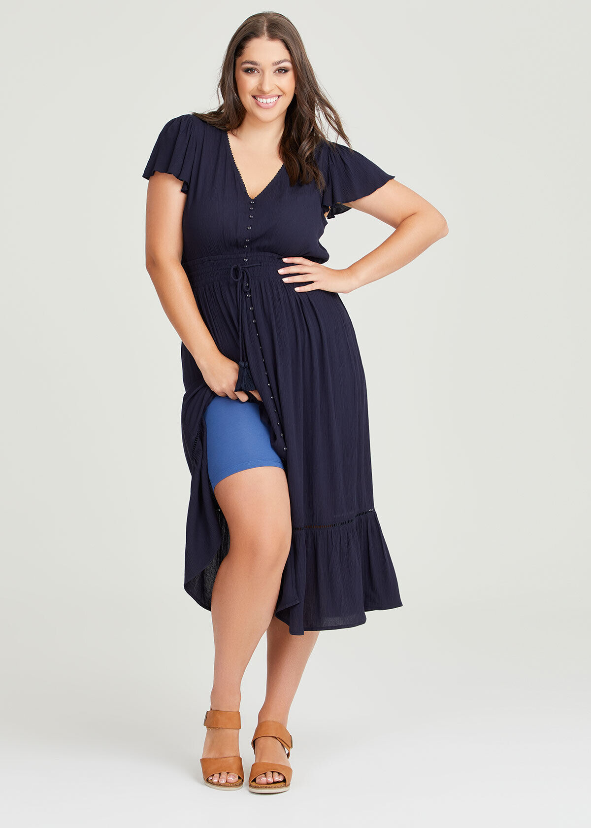 Shop Plus Size Natural Crinkle Button Dress in Blue Sizes 12 30 Taking Shape NZ