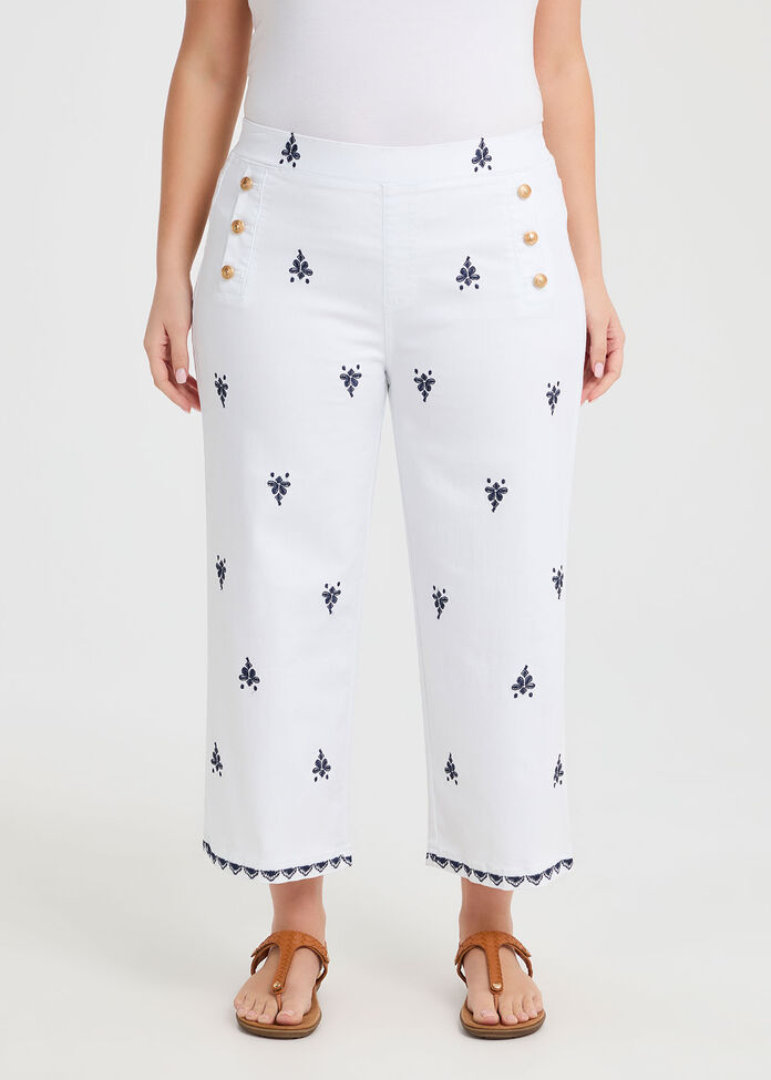 Wide Leg Embroidered Crop Jean, WHITE, hi-res