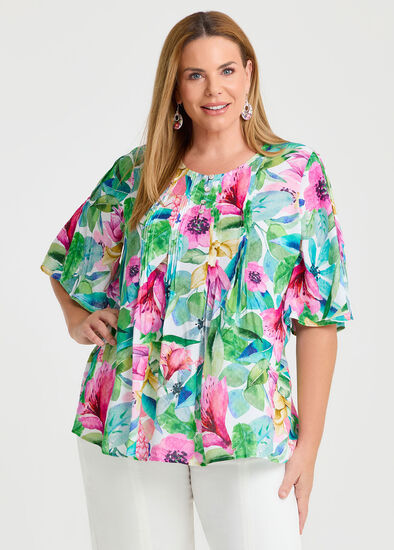 Plus Size Natural Resort Palm Pintuck Top