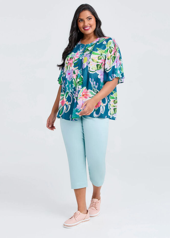Natural Pastel Floral Pintuck Top, , hi-res
