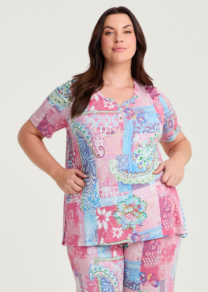 Bamboo Patchwork Pyjama Top, , hi-res