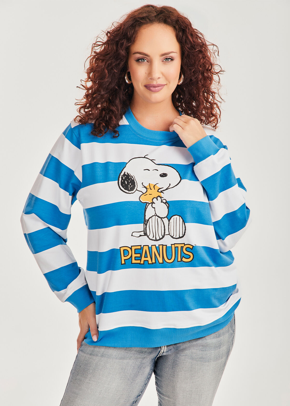 Shop Plus Size Peanuts Snoopy Striped Sweatshirt, Blue