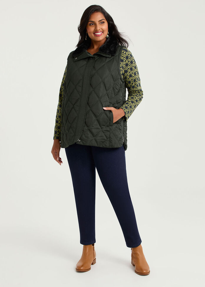 Fur Collar Quilted Vest, , hi-res