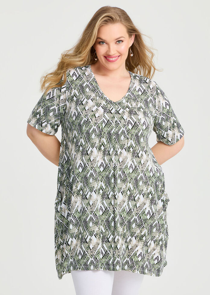 Print Short Sleeve Tunic, OLIVE, hi-res