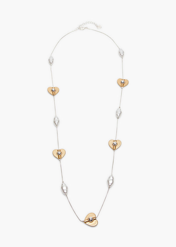 Stationed Heart & Pearl Necklace, , hi-res