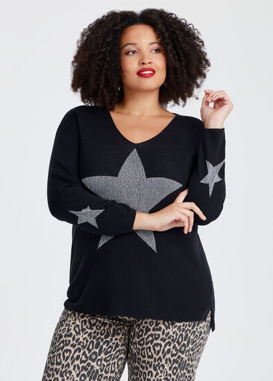 Plus Size Lurex Star V-neck Jumper